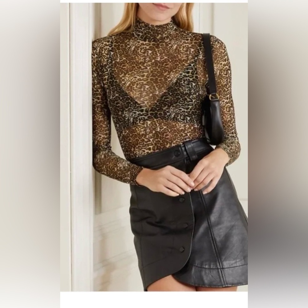 reformation Laney leopard-print stretch-mesh turtleneck top sz s